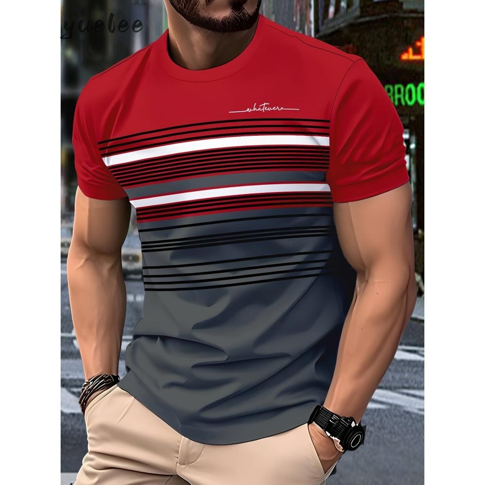 3D Striped Print Men's Top Fashion Men's Short Sleeved Tee Casual Loose Breathable Men's Clothing