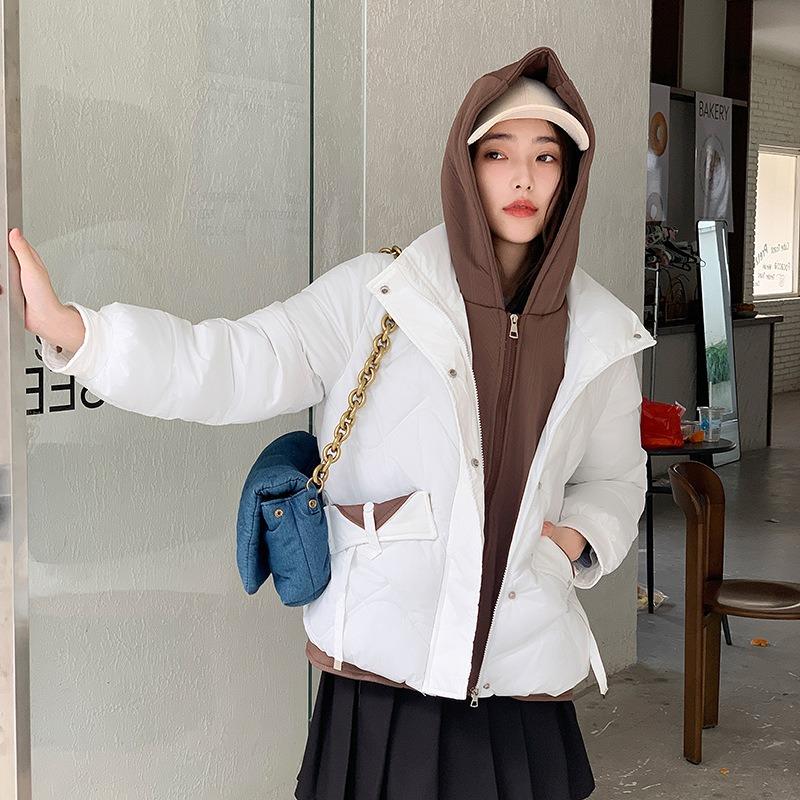 Winter short fake two-piece schoolgirl padded jacket loose small padded jacket hooded thickened padded jacket