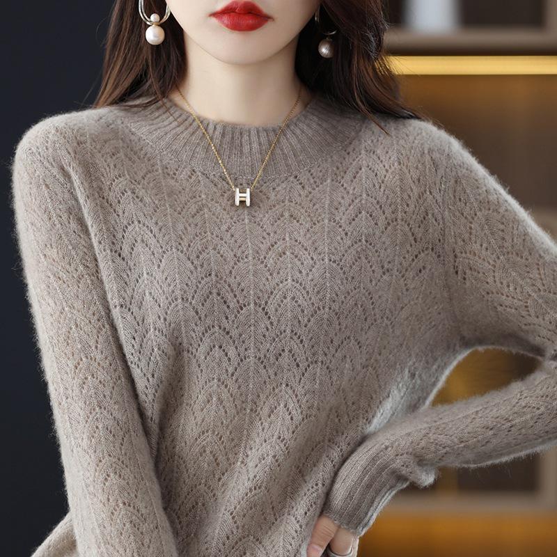 2026 Spring/Autumn Women's Solid Color Knitted Pullover: Half-High Collar, Long Sleeve, Hollow Out, Loose Fit, Stylish Base Layer Sweater