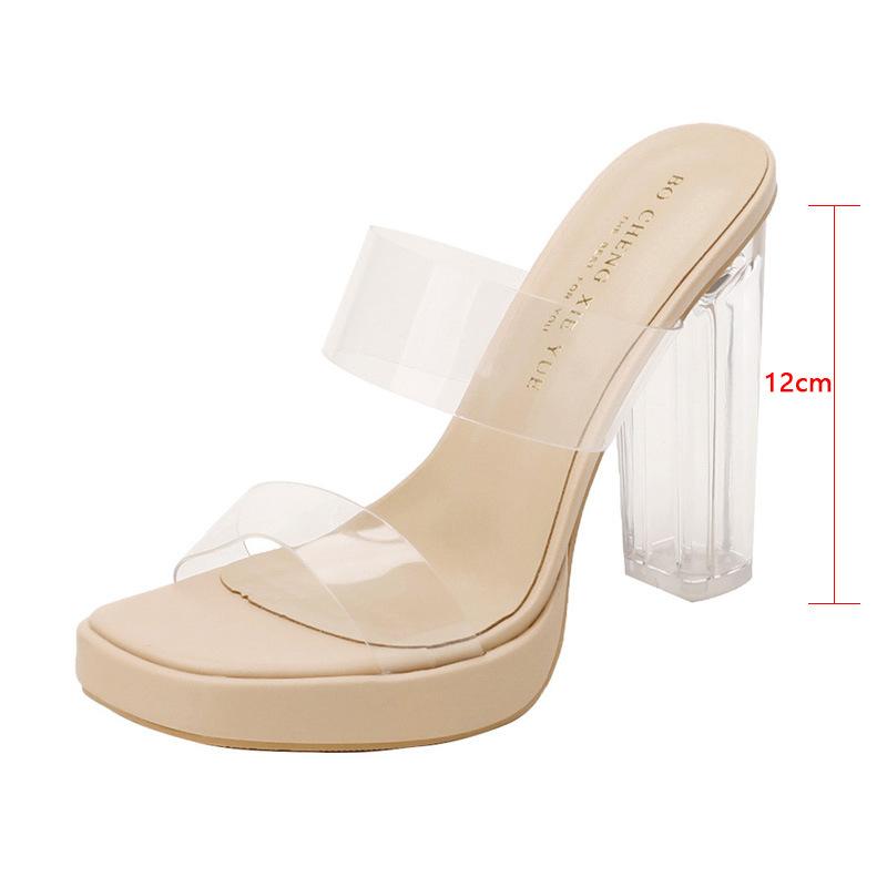 Leather Sheepskin Transparent High-heeled Sandals Women's 2025 New Waterproof Table with Crystal Heel Thick Heel Cool Slippers
