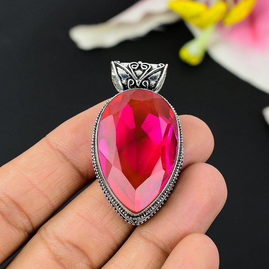 Pink Rubillite Gemstone Handmade 925 Sterling Silver Jewelry Pendant 2.40" KG-151