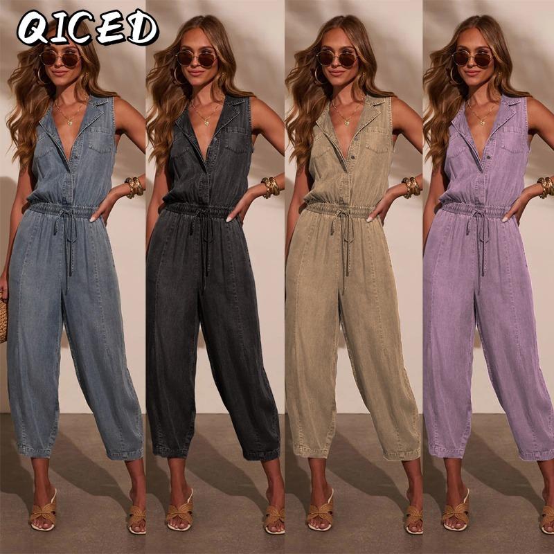 QICED Women's Fashion Casual Solid Color Print Sleeveless Jumpsuit