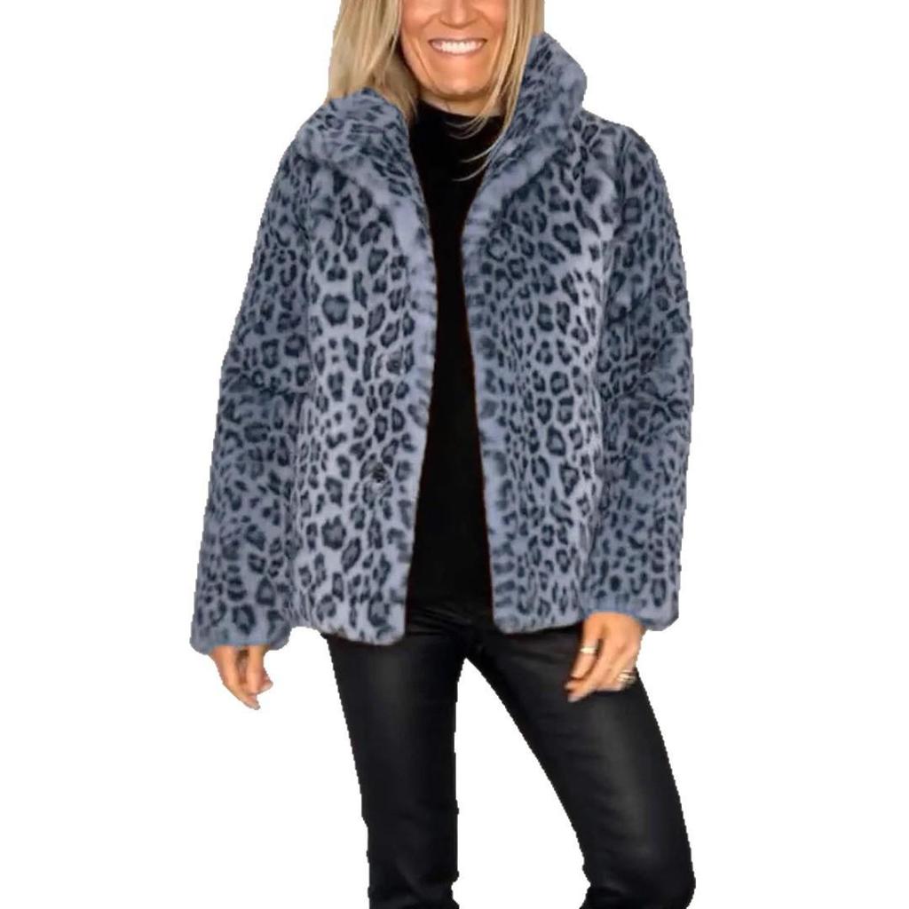 Autumn and Winter Independent Station Fashion Leopard Print Lapel Faux Fur Woolen Women's Coat
