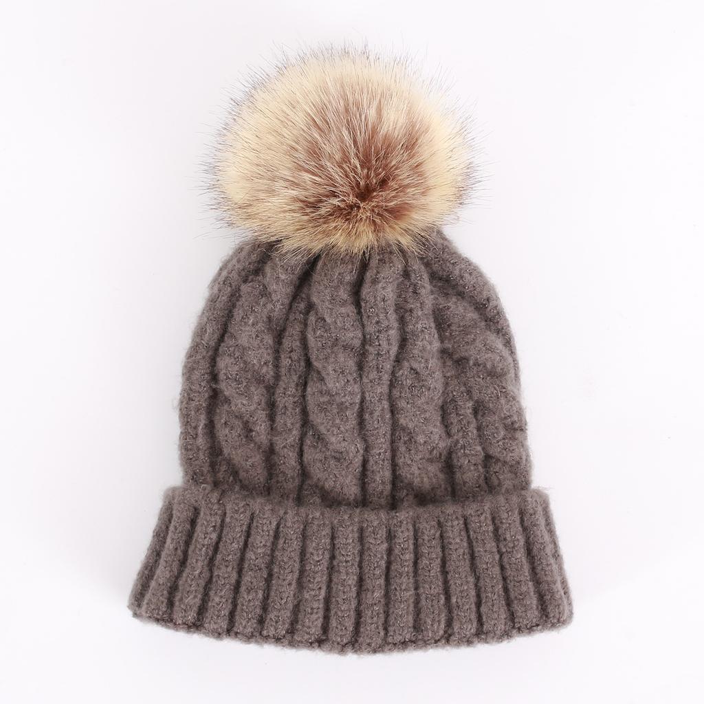 Thick Hemp Pattern Single-layer Hat Korean Style Autumn and Winter Women's Knitted Wool Cashmere Blend Solid Color Large Fur Ball Pullover Hat