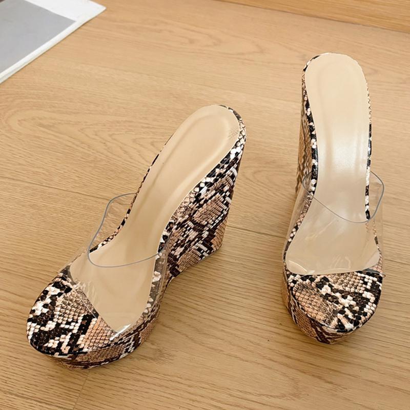 Liyke PVC Transparent Shoes For Women Wedges Slippers Summer Fashion Open Toe Snake Print Platform High Heels Sandals Female