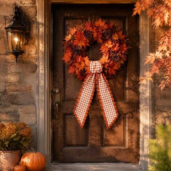 Harvest Party Decor Fall Scalloped Wreath Sash for Front Door, 55 Inch Plaid Gingham Autumn Holiday Home Thanksgiving Ribbon Yard Porch Doorway Indoor