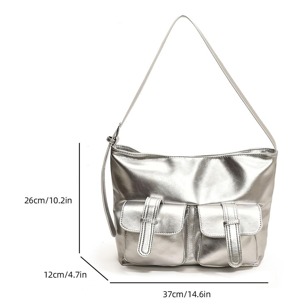 Women PU Leather Shoulder Bag w/Multi-Pockets Crossbody Bag for Travel (Silver)