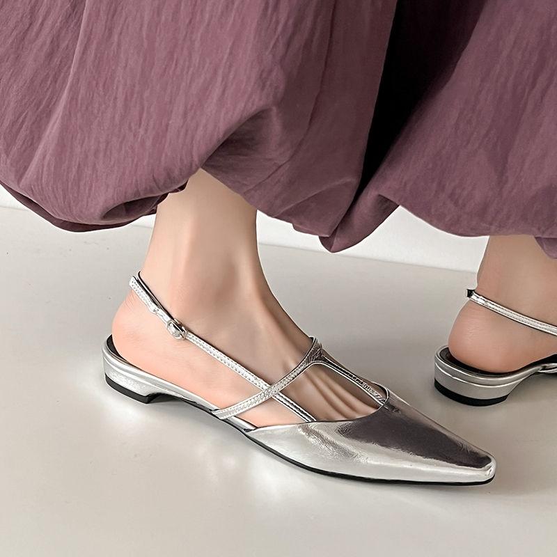 Mode NEU Sommer Damen Sandalen Echtes Leder Schuhe für Damen Zehen bedeckt Slingback Schuhe Spitze Zehen Niedriger Absatz Prägnante Designer Sandalen