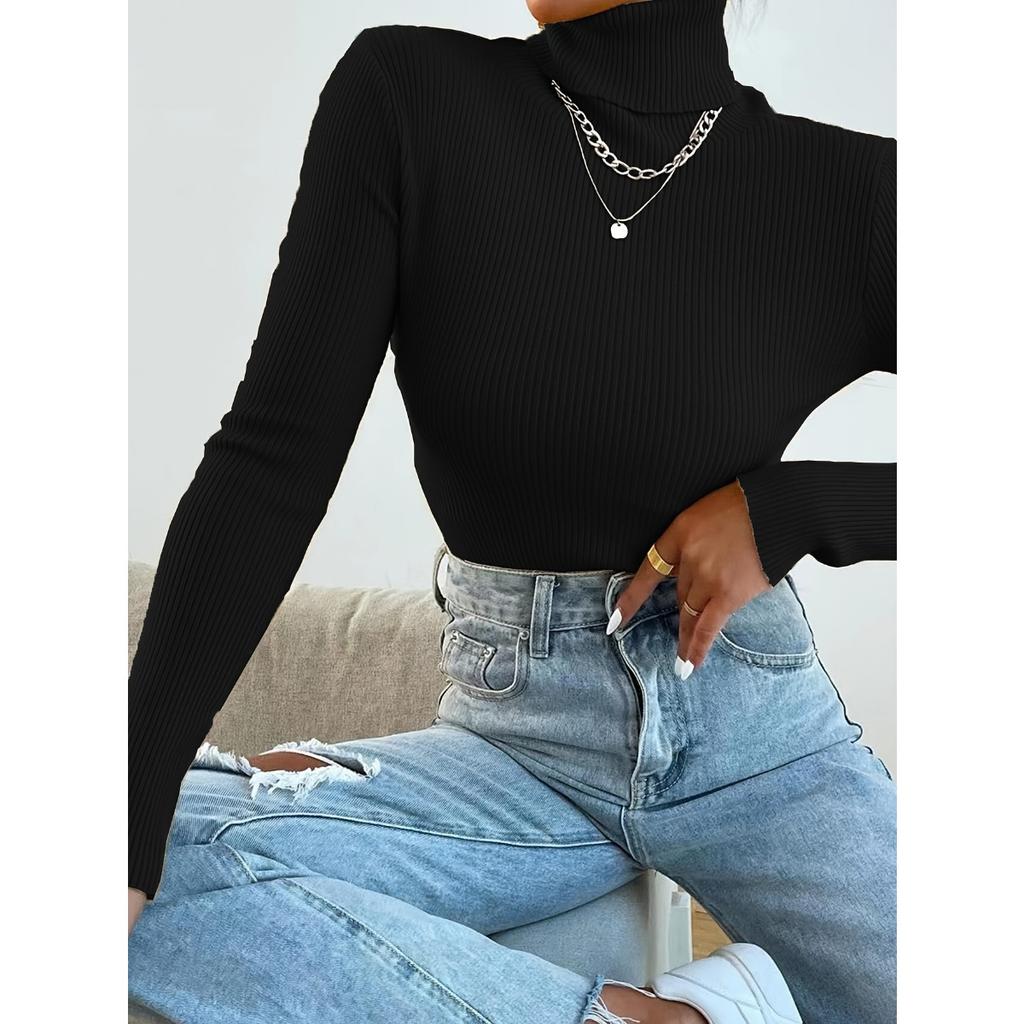 New Women's Solid Turtleneck Sweater, Long Sleeve Pullover Knit Top Casual Basic Base Layer for Women, European American Fashion