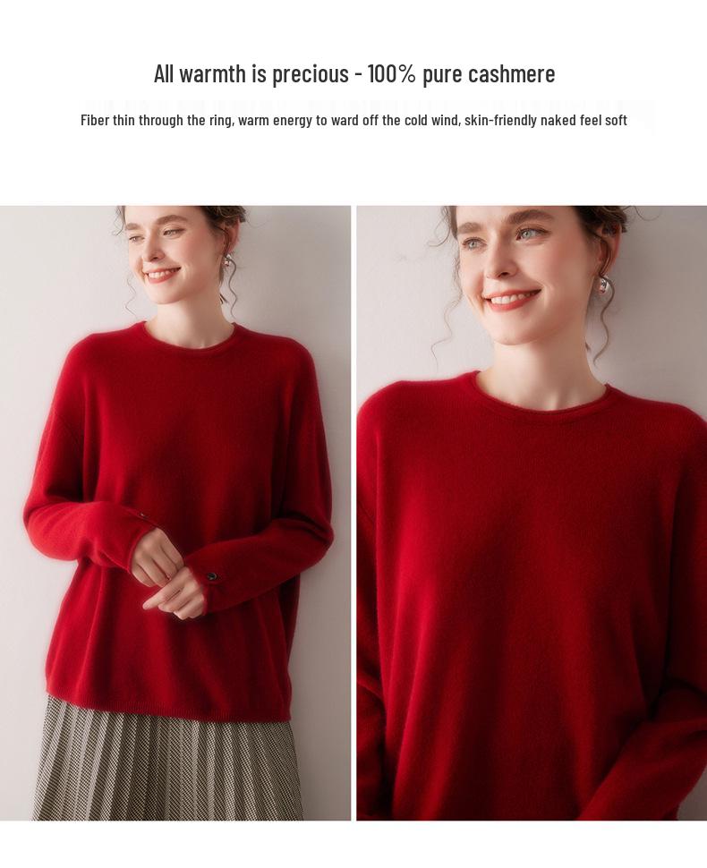 Casual Women's 100% Pure Cashmere Sweater - Loose Fit, Round Neck, Ribbed Cuffs, Buttoned Hem, Rolled Edges