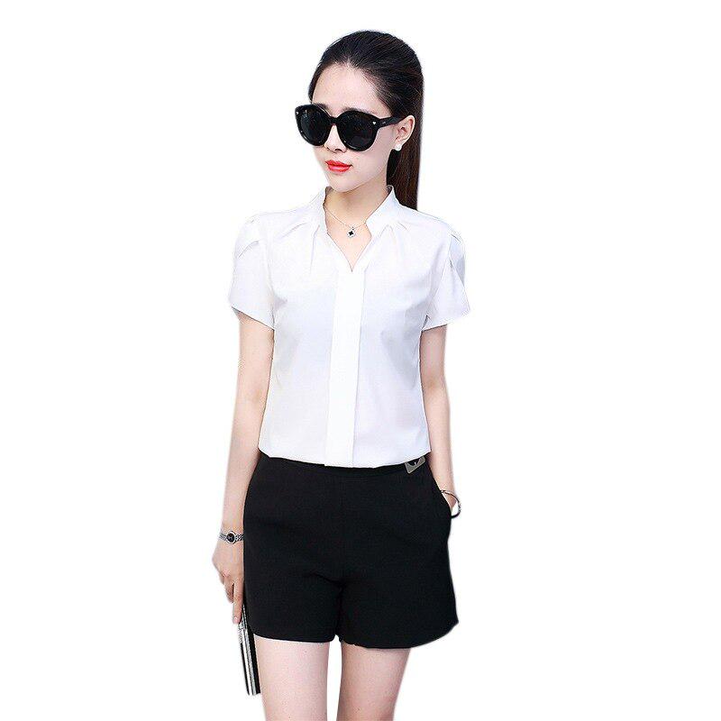 White Shirt Female Short Sleeve Shirt Fashion Bodycon Leisure Chiffon Blouse Tops