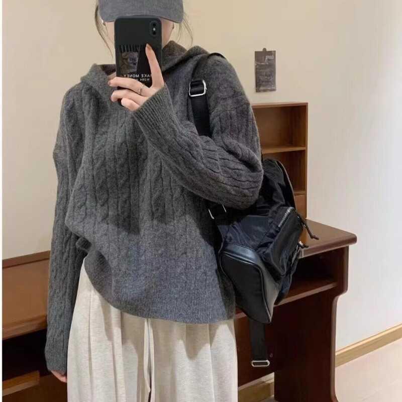 100% Pure Wool Women's Winter Cable Knit Hoodie Sweater - Slim Fit Casual Cashmere Knitwear