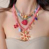 Vintage Sun Heart Conch Crab Pendant Necklaces for Women Candy Color Rice Beads Enamel Multi Layer Necklace Jewelry Gift