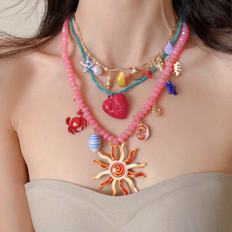 Vintage Sun Heart Conch Crab Pendant Necklaces for Women Candy Color Rice Beads Enamel Multi Layer Necklace Jewelry Gift