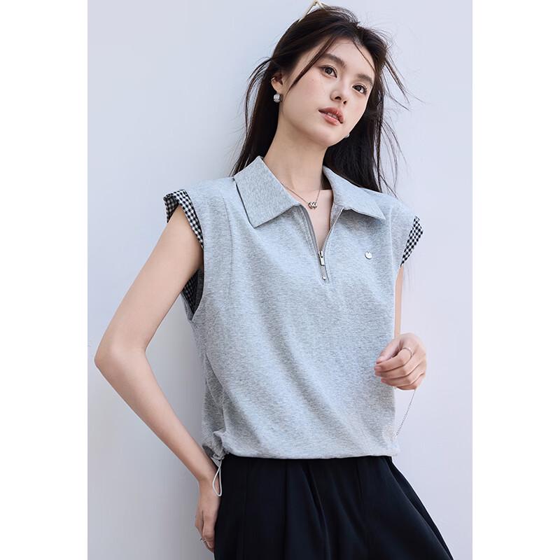 VICTORIA&VERA Women's Commuter Lapel Gingham T-Shirt
