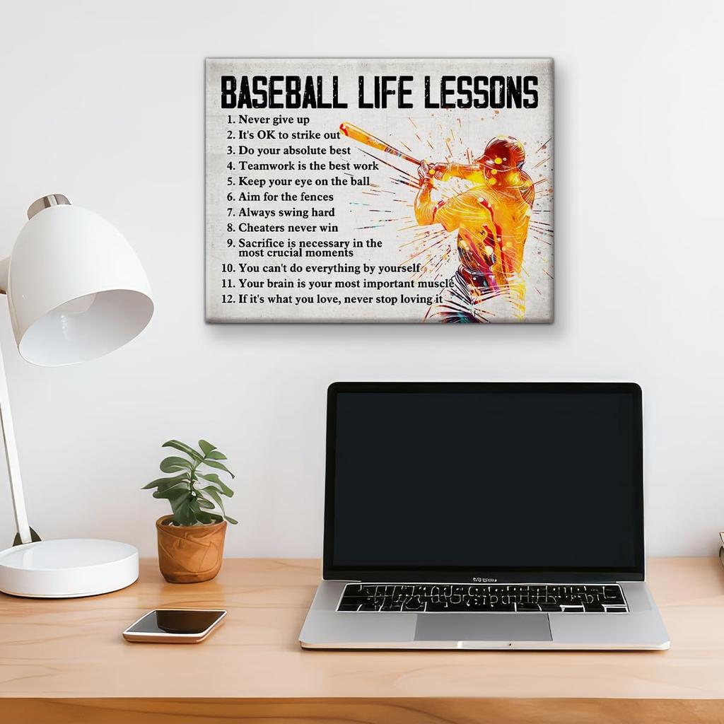 Hijie Baseball Poster Canvas Wall Art for Home Decor, Baseball Life Lessons Motivational Canvas Print Painting, Baseball Gifts for Men Baseball