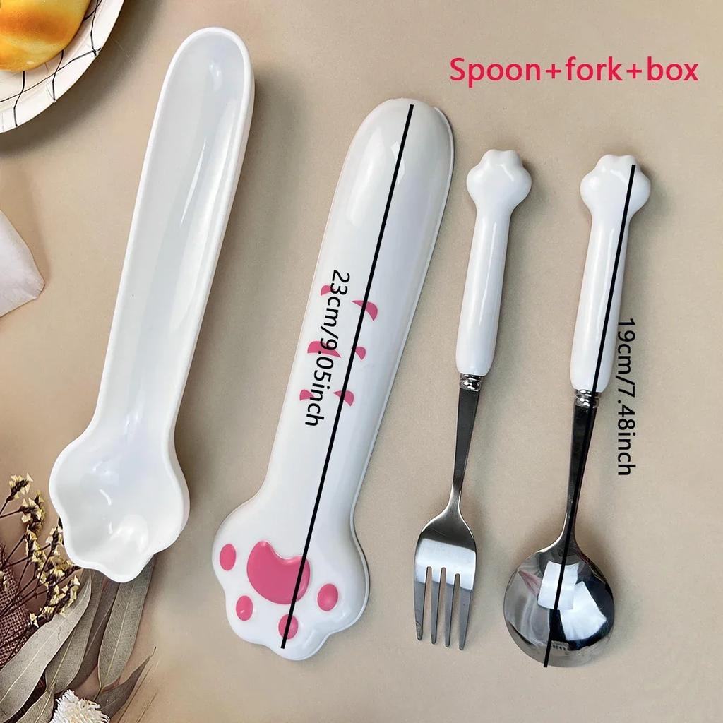 Stainless Steel Spoon and Fork Set with Storage Box Portable Tableware Cute Cat Paw Shaped Dinnerware Kit for Adults Kids School