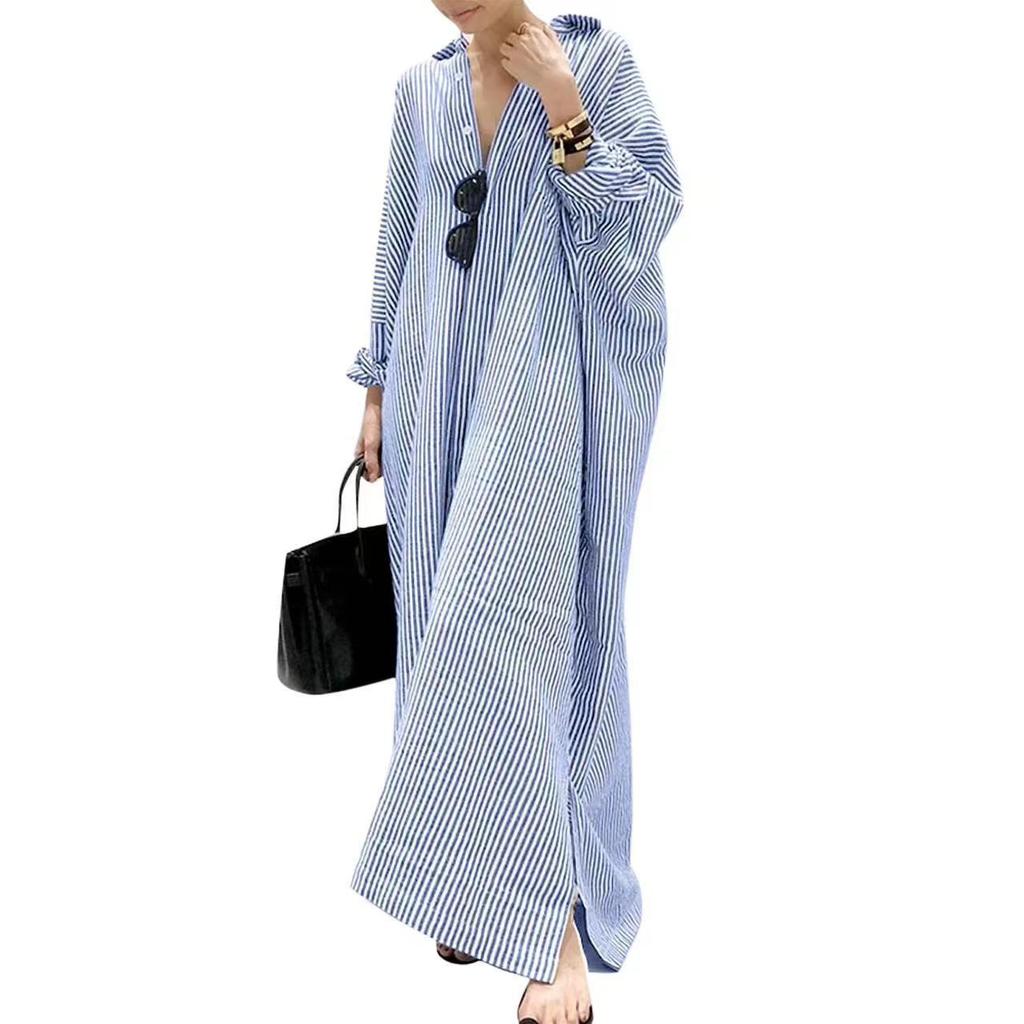 Spring Stripe Printed Beach Sundress Autumn Women Long Sleeve Fashion Casual Loose