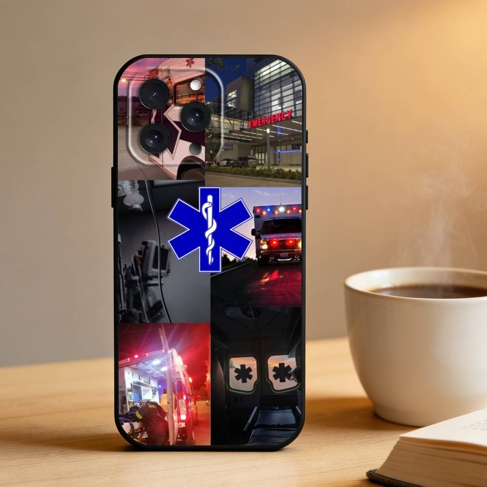 Custodia per Telefono Ambulanza EMT EMS Per iPhone 16,15,14,13,12,17,Pro Max,Plus Custodia Nera in Silicone
