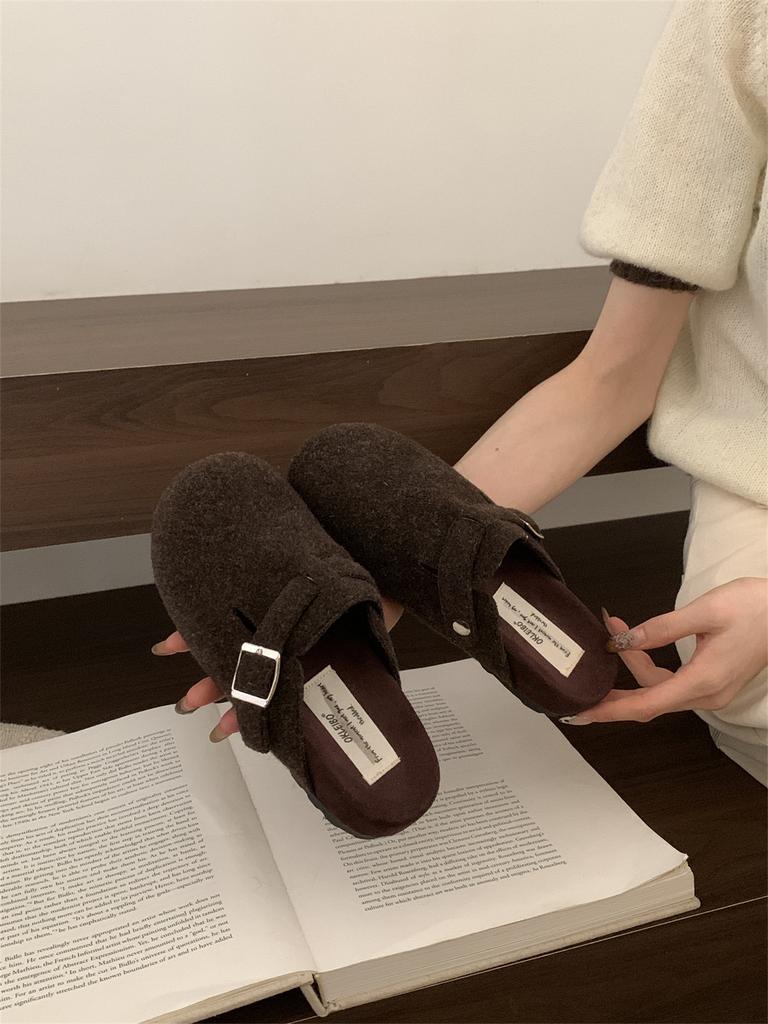 Thick-soled gray Birkenstock shoes for women's autumn and winter new Korean version niche retro Birkenstock one-pedal lazy bag head half slippers