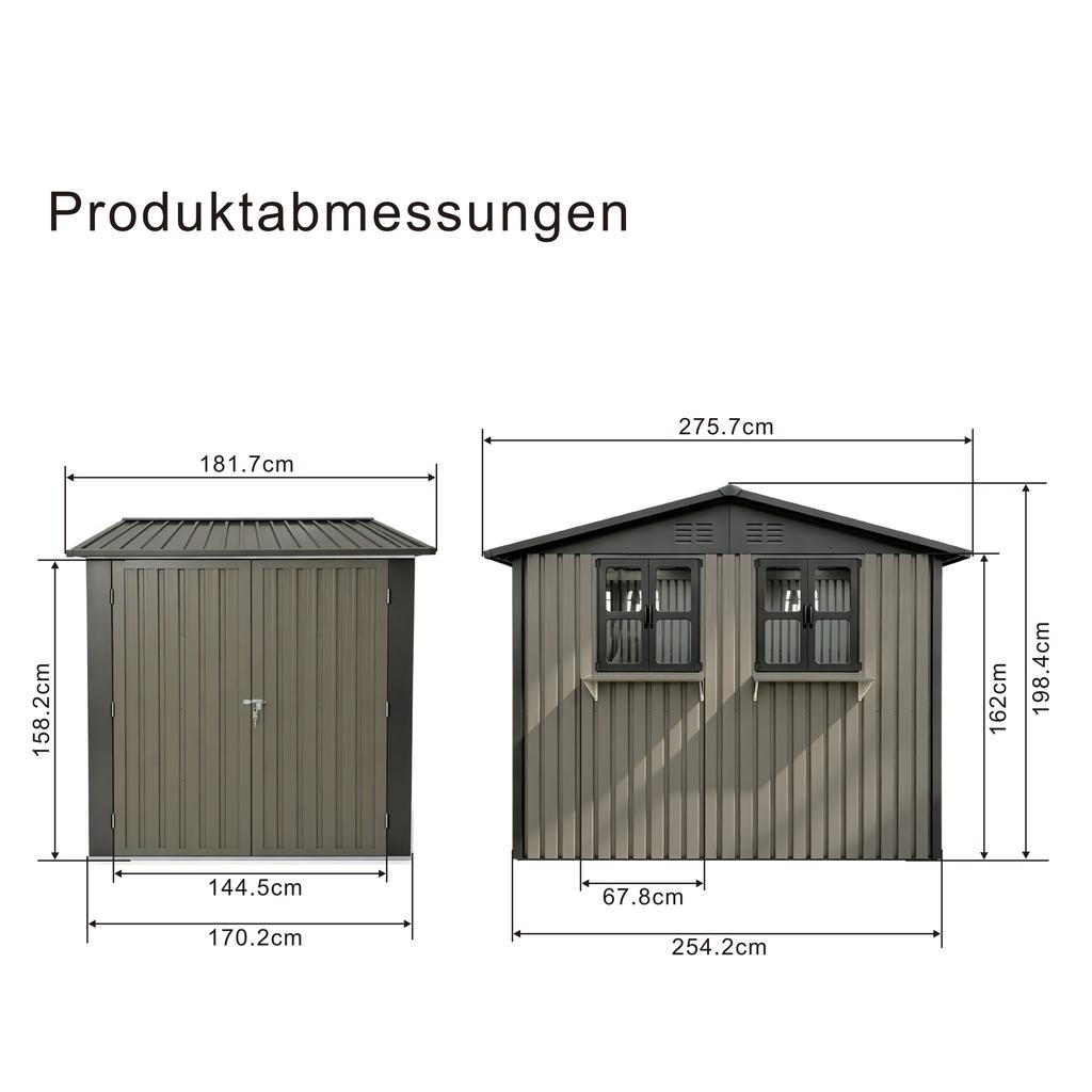 Galvanized Steel Garden House 254.2x170.2cm (4.33 m²), Brown, with Two Openable Double Windows, Lockable Double Doors and Decorative Flower Rack