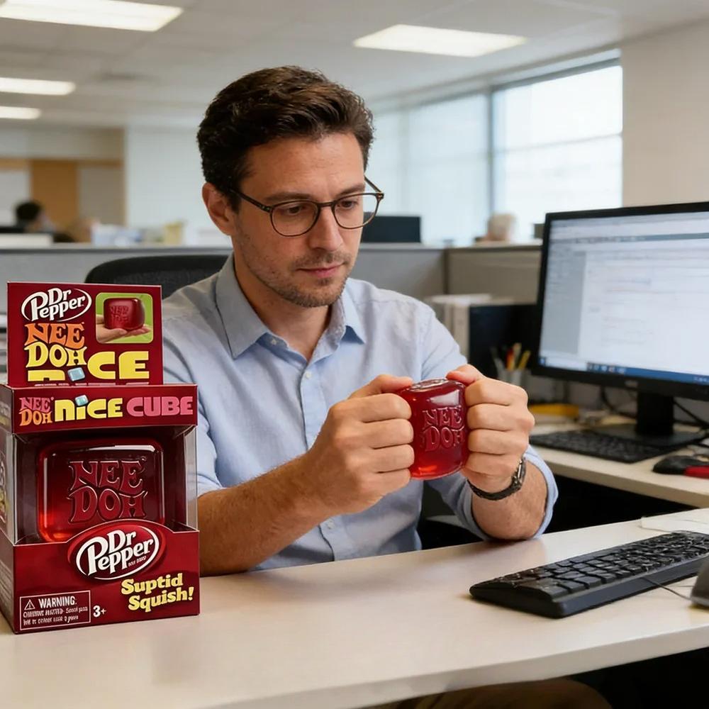 Kinder Kinder Dr Pepper x NeeDoh Nice Cube Squishy Stressabbau Spielzeug, Weicher Quetsch-Fidget-Würfel für Erwachsene, Sensorisches Spielzeug zur Angstlinderung