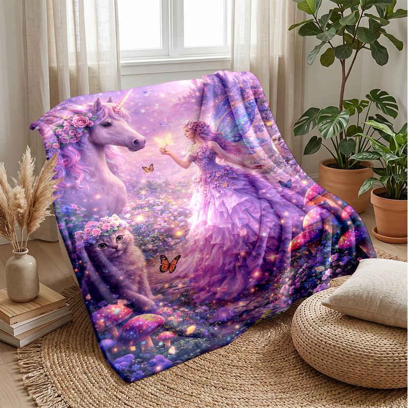 Fairy and Unicorn in Fantasy Forest Theme blanket Lightweight Warm Flannel Blanket Decorative Throw Blanket for Home Decoration