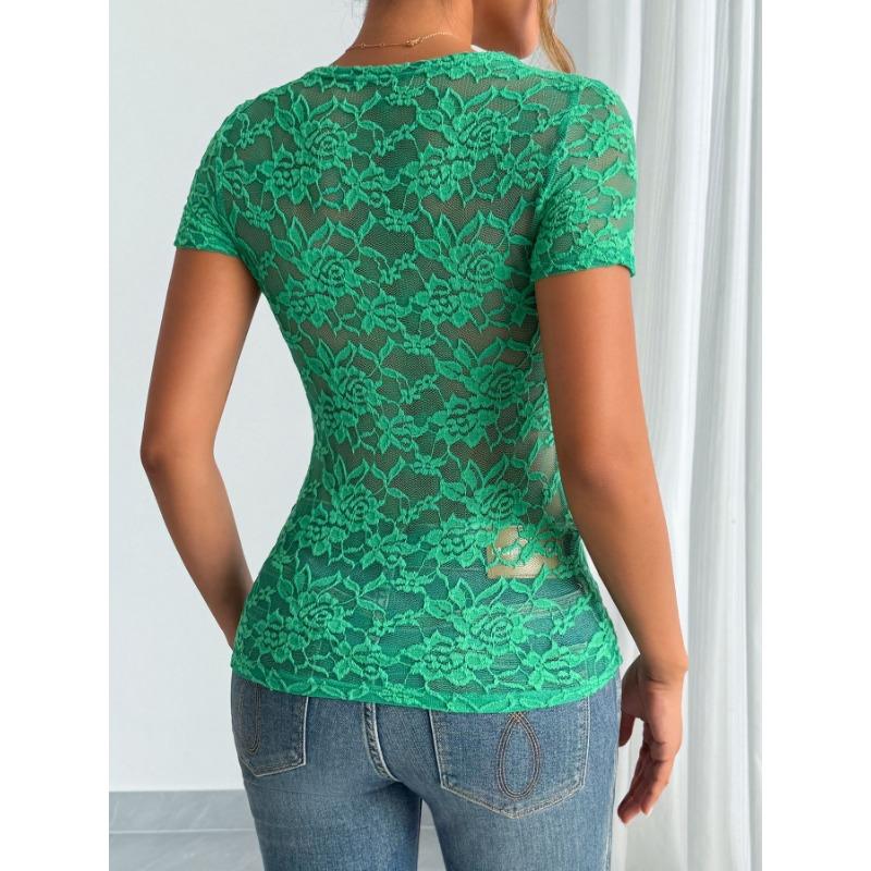 Women S Sexy Lace V Neck Short Sleeve Top