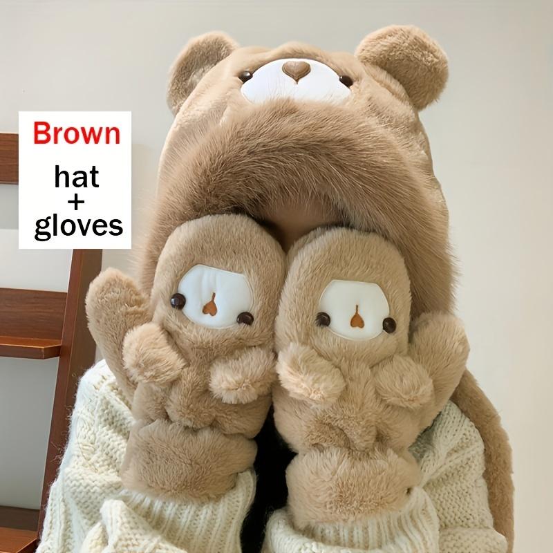 Winter Warm Windproof Balaclava Set with Attached Hand Covers - Polyester Furry Hat with Breathable Features, Hand Wash Only