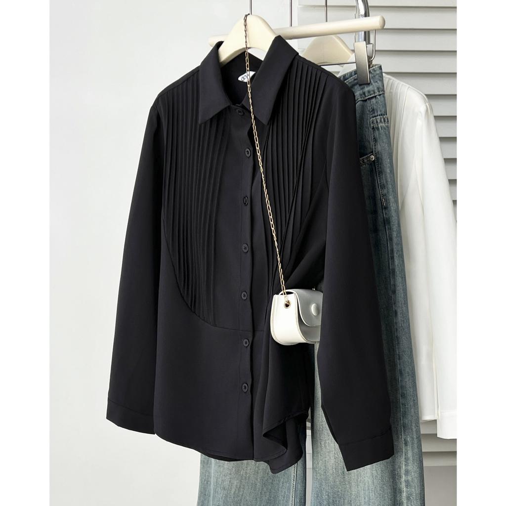 Plus Size Long Sleeve Pleated Shirt For Women Autumn