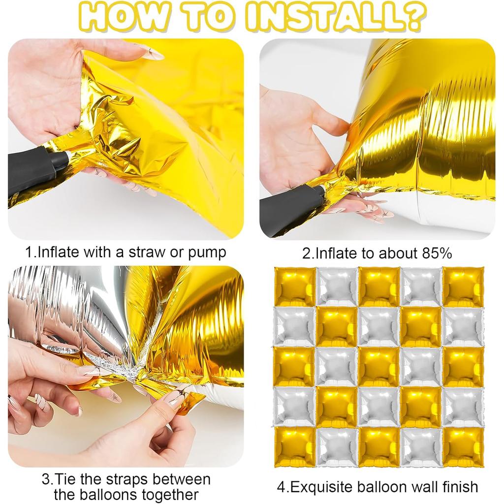 25PCS Gold and Silvery Square Foil Balloon Wall Backdrop Double Sided Balloon Arch Garland Kit for Anniversary Engagement Party