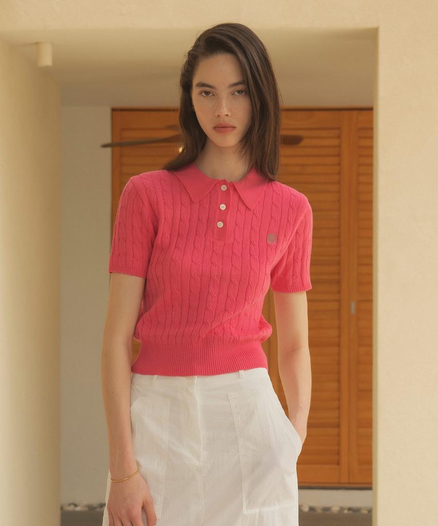 Siyajyu Sikn2079 Cotton Crop Cable Collar Knit_Pink