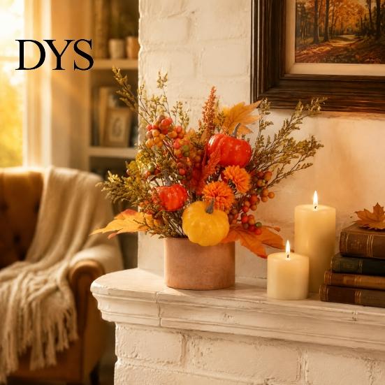 Small Potted Plant for Fireplace Fall Pumpkin Flower Arrangement, Artificial Maple Berry Autumn Table Centerpiece Thanksgiving, Harvest Home Tabletop