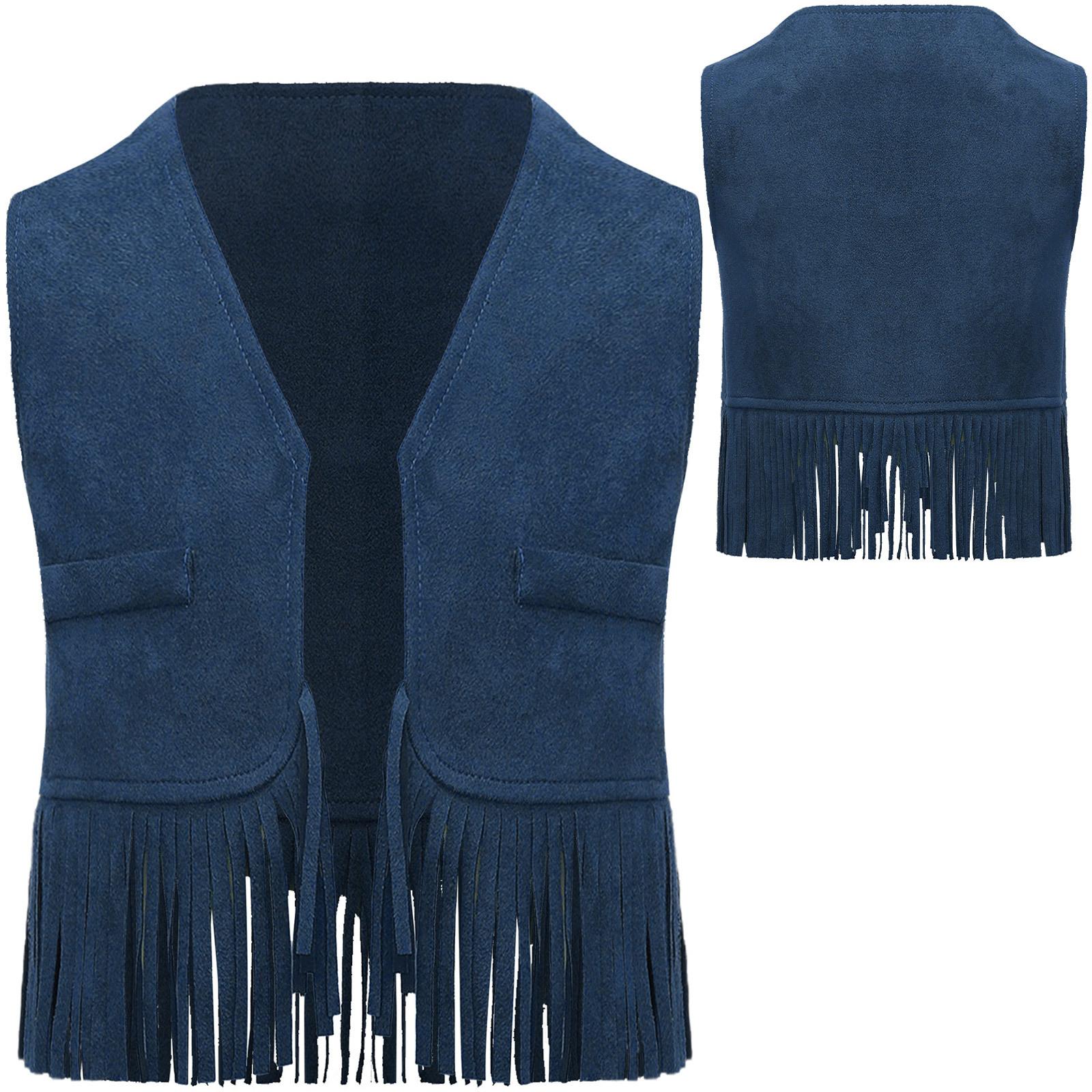 

Винтажный замшевый жилет с кисточками для мальчиков и девочек, костюм для косплея на тему Хэллоуина, карнавала и вечеринки в стиле вестерн-ковбоя и девушки-ковбоя 4-5 Years темно-синий