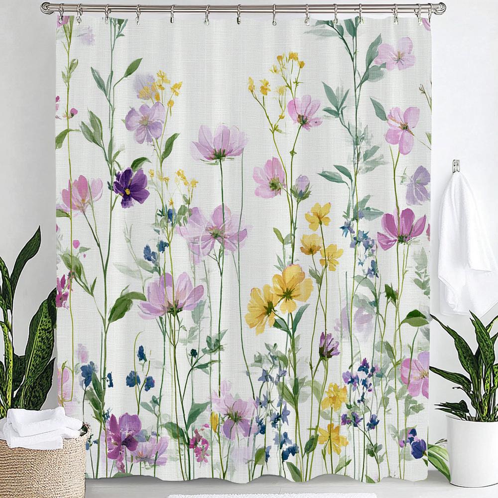 Colorful Flowers Shower Curtain for Bathroom Spring Floral Romantic Wildflower Plants Nature Scenery Decor Curtain with Hooks