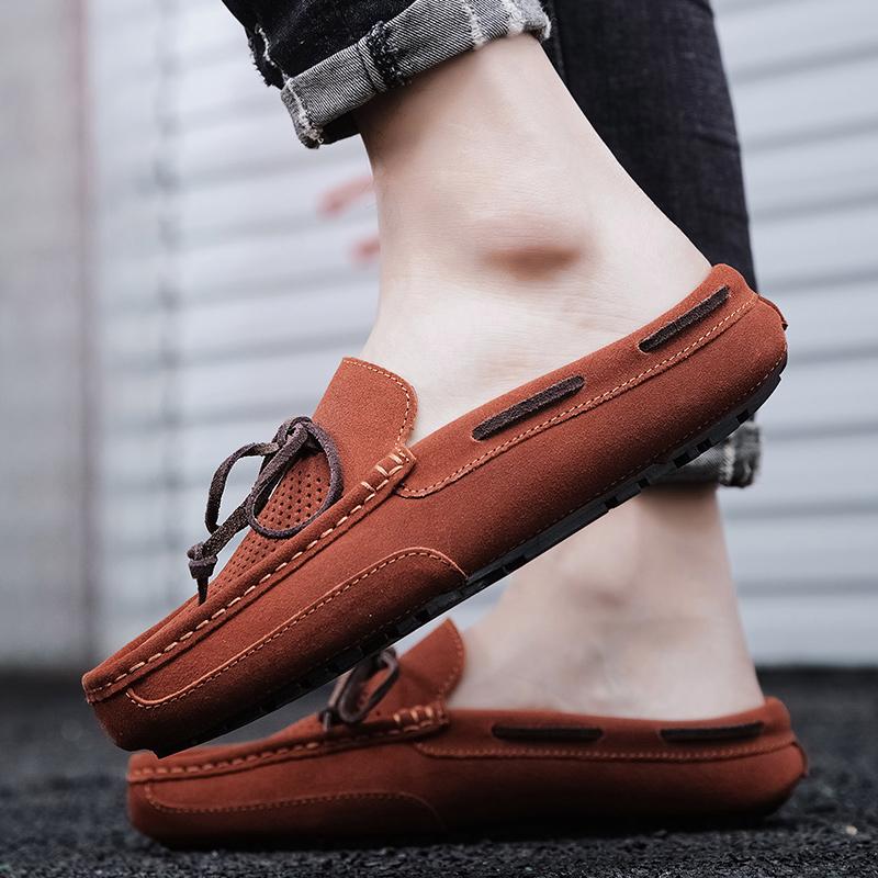 2024 Half Slippers Mens Slip on Moccasins Suede Shoes Men Casual Driving Shoes Breathable Loafers Fashion Half Shoes Lazy Shoes