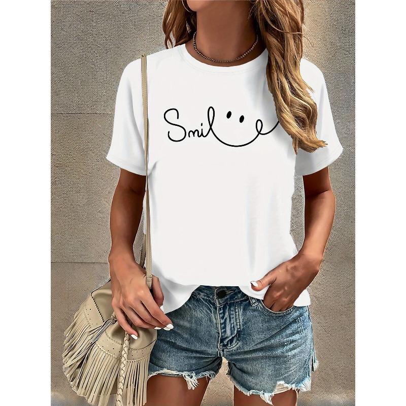 Europäische Größe Lächeldruck T-Shirt, Kurzarm Rundhals Freizeit Oberteil für Sommer & Frühling, Damenbekleidung