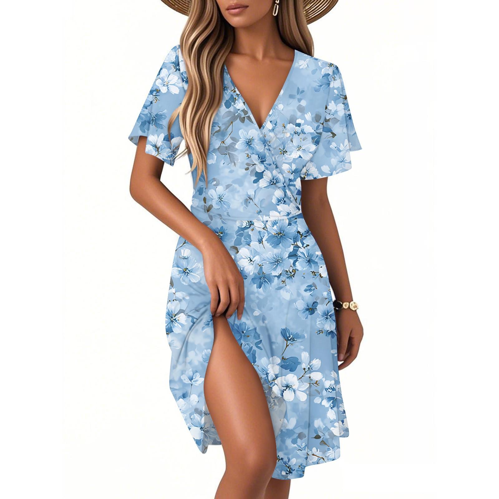 

Жіночий модний сарафан з коротким рукавом на запах, з V-подібним вирізом, з квітковим принтом S