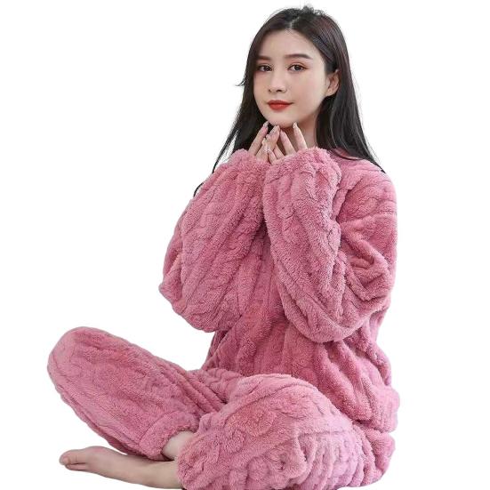 2 Pcs/Set Unisex Winter Pajamas Set Round Neck Solid Color Thickened Coral