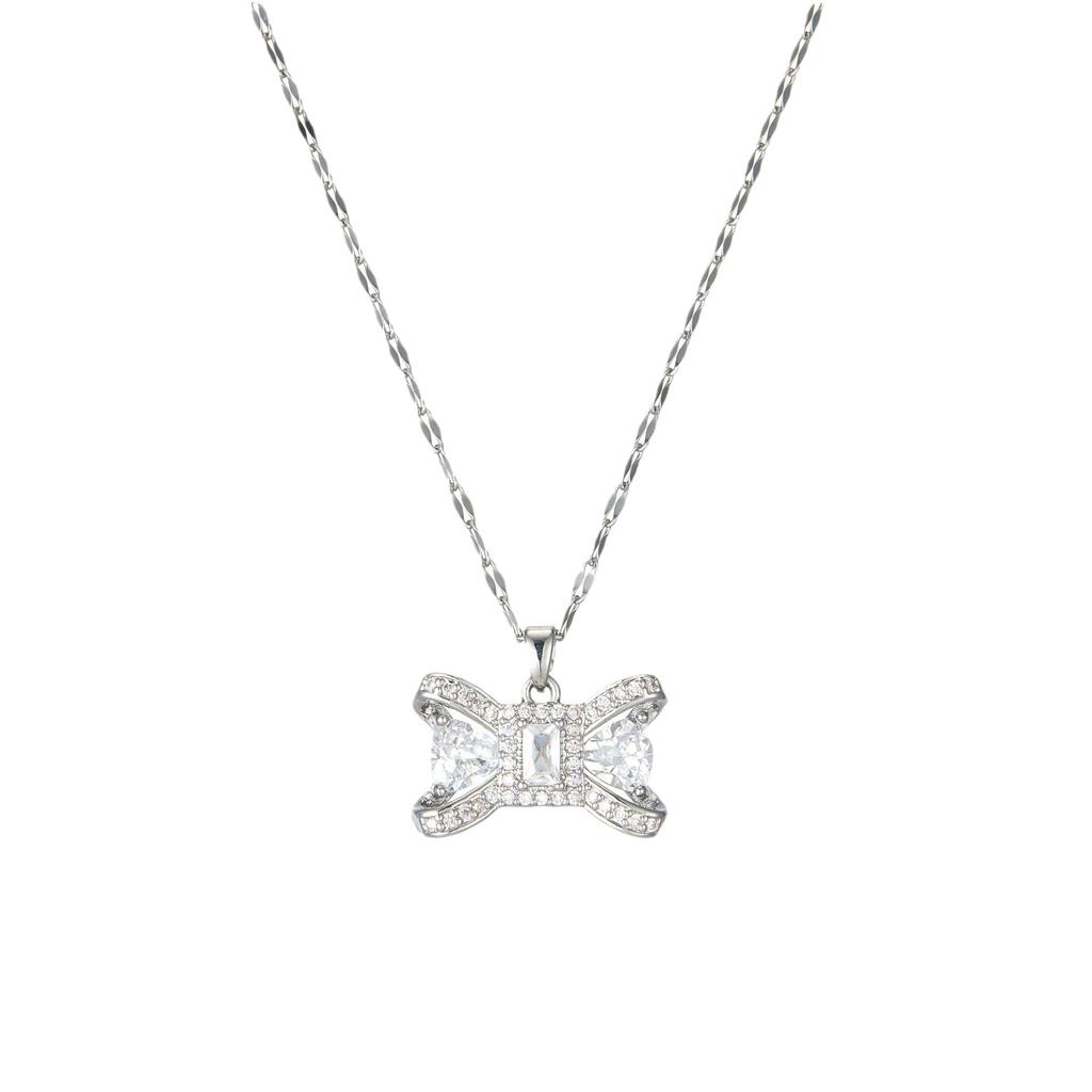 Higan Flower Bow Necklace Women'S Light Luxury Simple Versatile Zircon Pendant Same Neck Chain