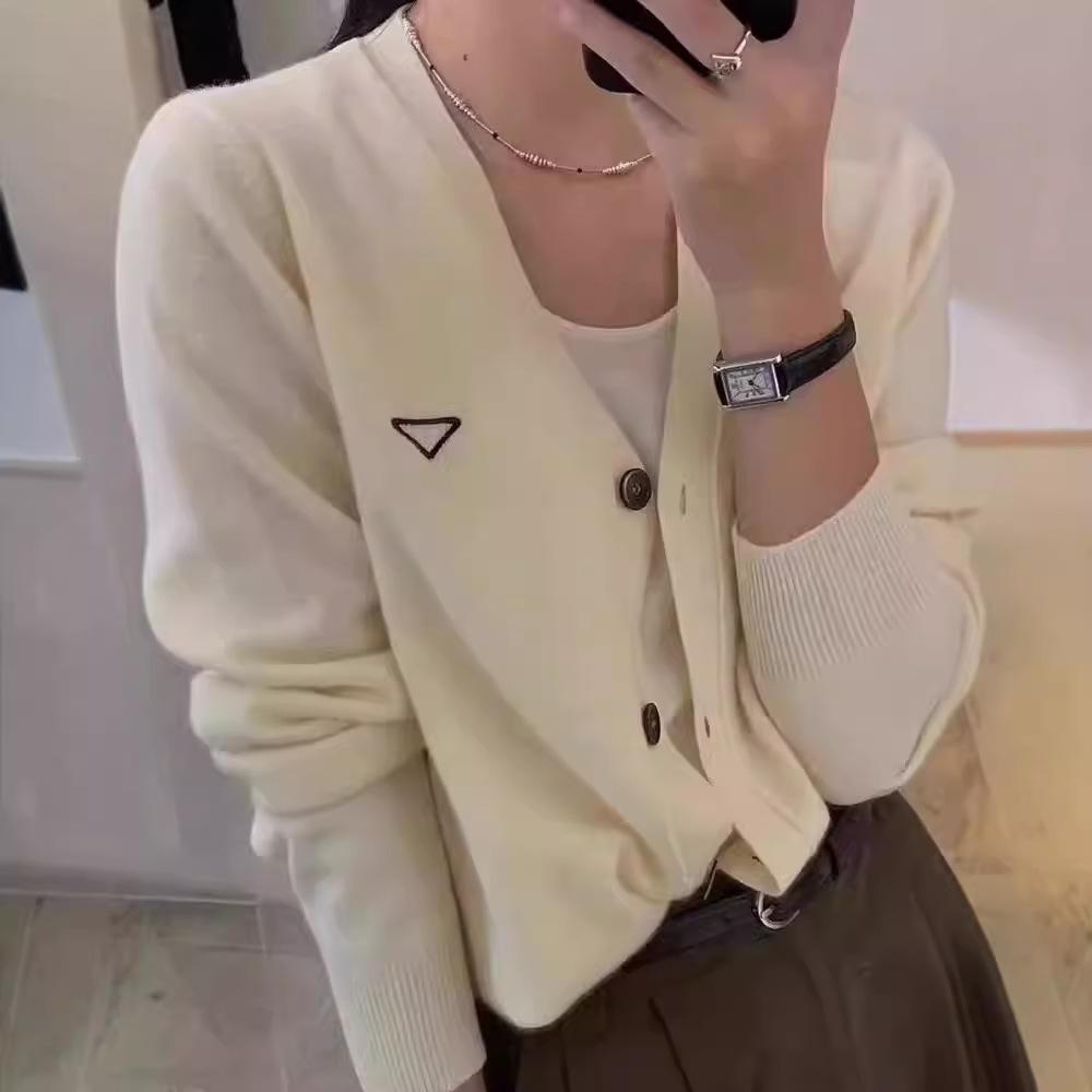 European V-Neck 100% Wool Knit Cardigan - Women's Autumn/Winter Embroidered Long Sleeve Sweater