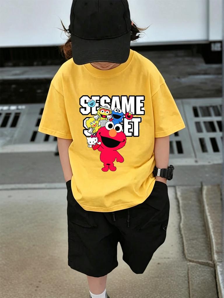 Elmo Sesame Street Kids Short Sleeve T Shirt Summer Cute Cartoon Crewneck Boys Girls 3-14