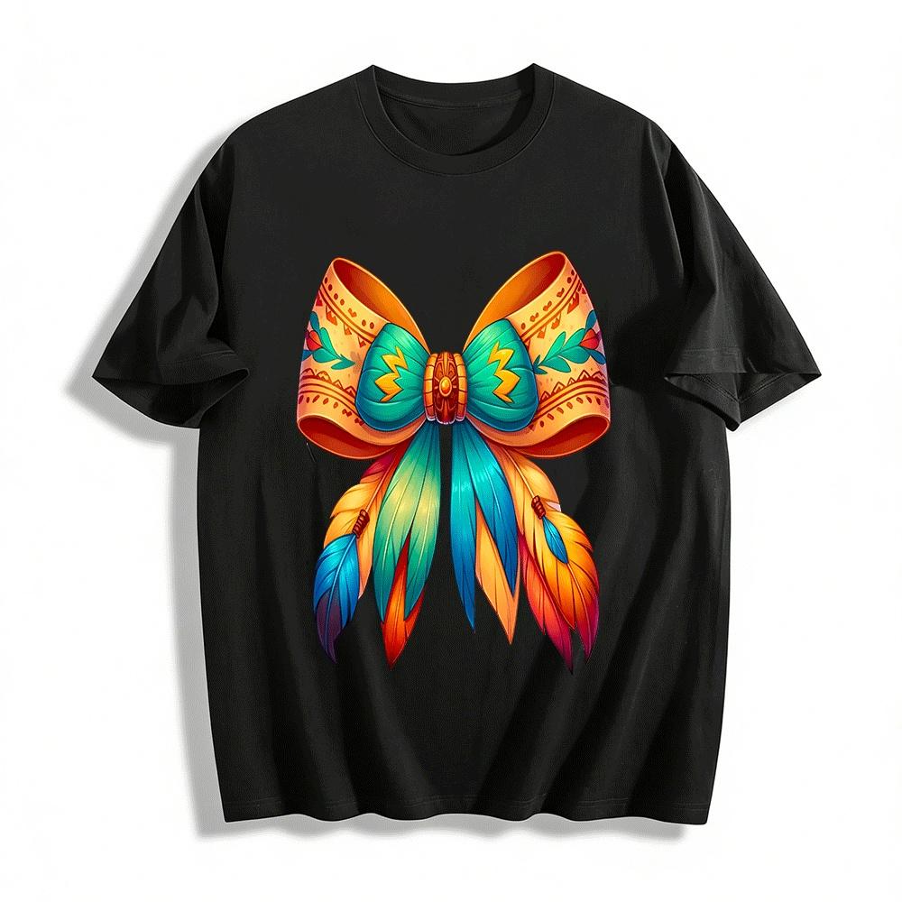 Ethnic Style Feather Bow Print Casual Top Pure cotton T-shirt XXS