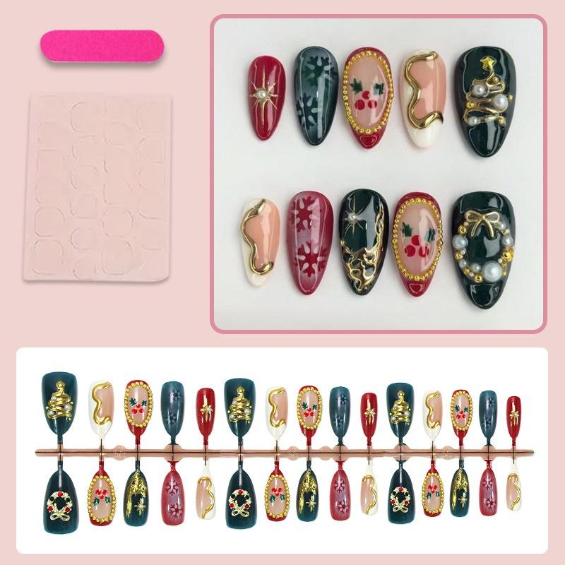 Christmas Glitter Snowflake Pearl Bow Press On Nails 30pcs Finished Nail Tips