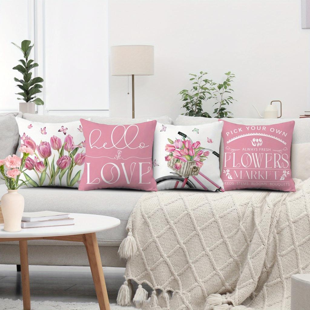 Set of 4 Pink Bicycle Tulip Spring Throw Pillow Covers, Suitable for Bedding And Sofas In The Bedroom