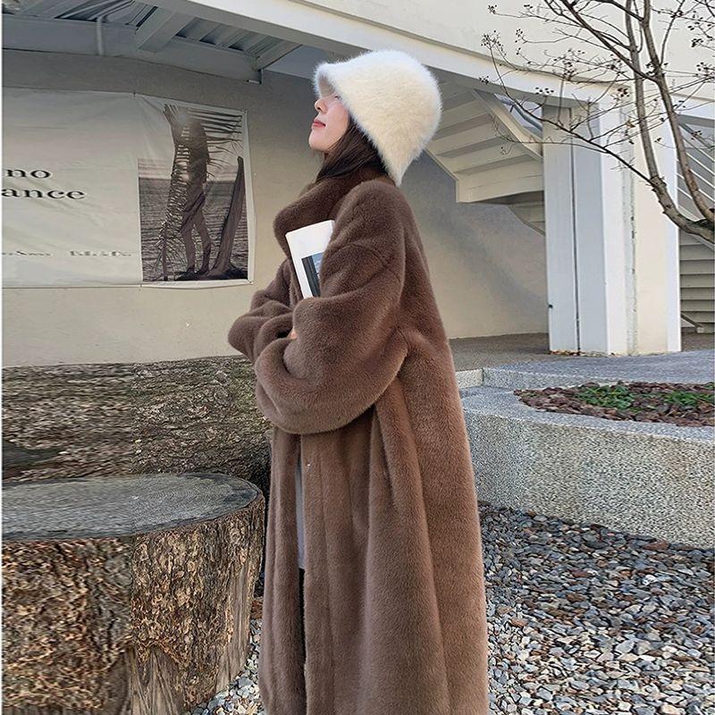 

Плотное и свободное зимнее пальто из овечьего меха для женщин из кашемира средней длины и одежды большого размера L кофейный