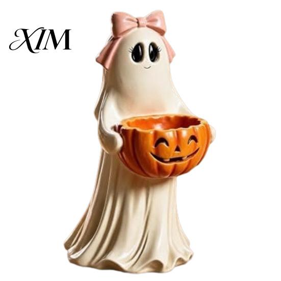 Detailed Resin Tabletop Figures Ghost Statue with Pumpkin Candy Bowl for Halloween Table Decor, Fall Decor Families Cute Desktop Organizer Living Room