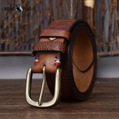 Cintura da Uomo Ispessita Primo Strato Pura Pelle Bovina Fibbia in Ottone Fibbia ad Ardiglione in Pelle Cintura Trendy Retro per Jeans