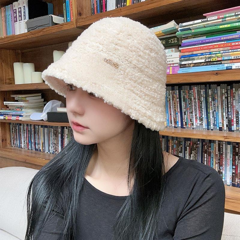 Korean Style Lamb Wool Knitted Fisherman Hat for Women Autumn and Winter Retro Bucket Hat Versatile Face Friendly Small Warm Plush Basin Hat