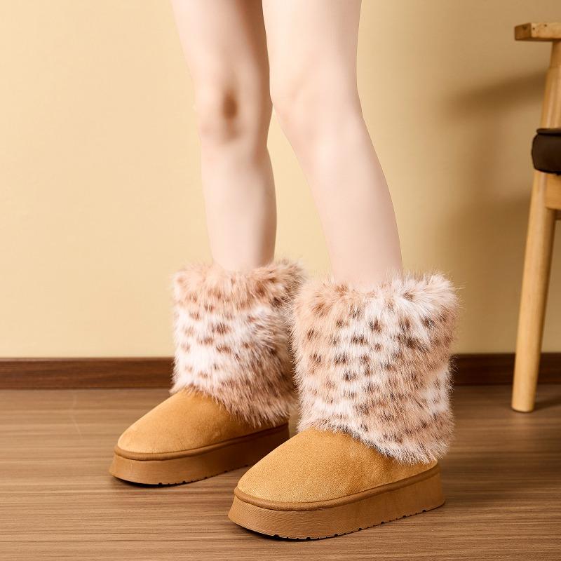 Cross new leopard print long-haired high boots winter women's thick-soled non-slip warm cotton slippers foreign trade wholesale home cotton shoes